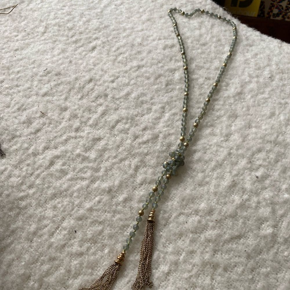 Boho Seafoam Green Bead Tassel Necklace